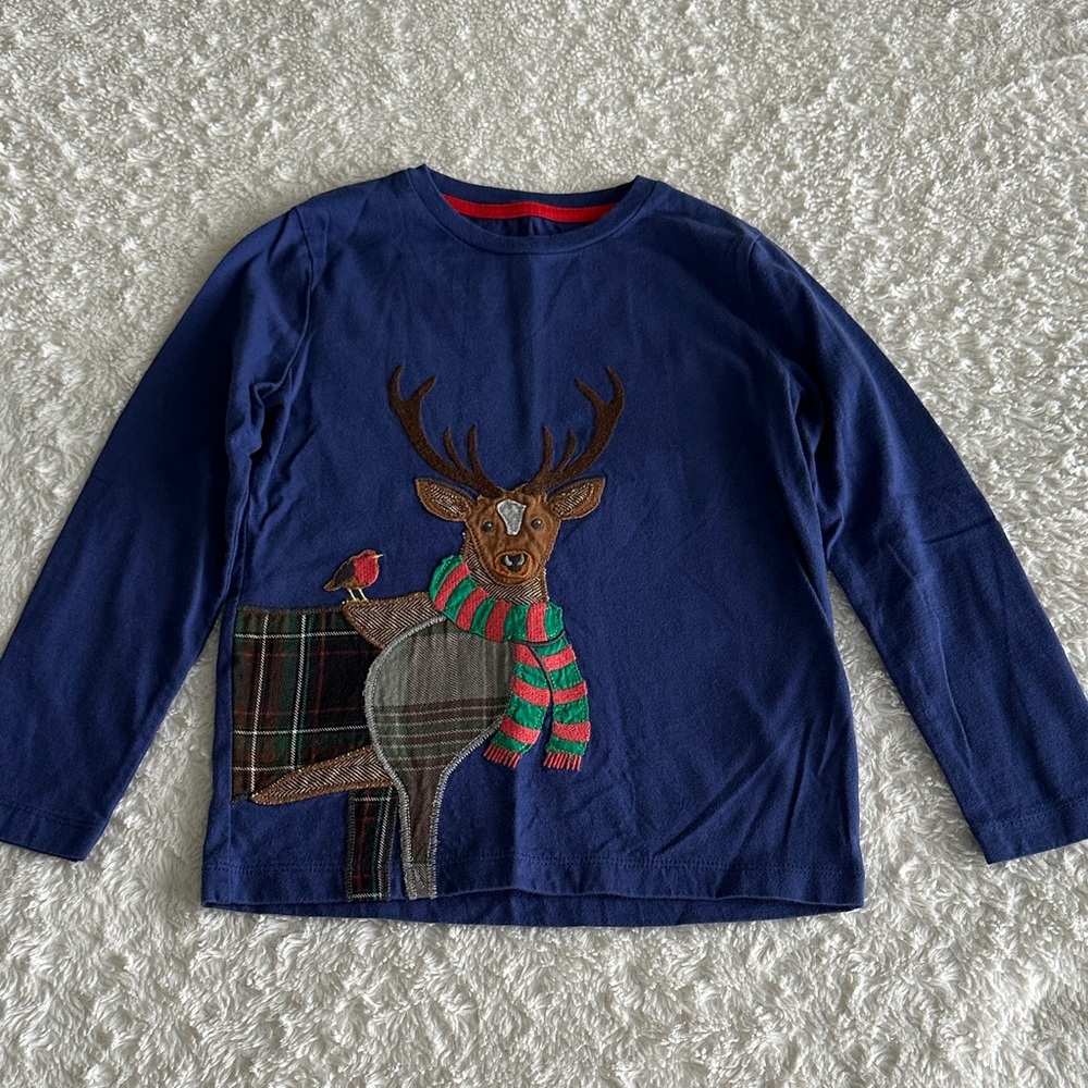Mini Boden girls size 5-6 blue long sleeve knit winter reindeer shirt